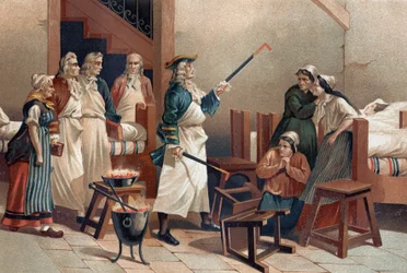 Hermann Leyde Boerhaave (1688-1738), hollandsk læge med sine elever foran de hysteriske kvinder på Leyde Hospital. Efter "La Ciencia y sus Hombres par Louis Figuier". Barcelona 1881