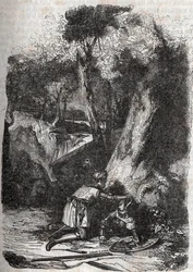 Hermonides væltet og reddet af Zerbin - 1851 gravering fra "" Furious Roland"" (Orlando furioso) (1500-tallet) af Ludovico Ariosto, kendt som Ariosta - Udgave oversat fra italiensk af greven af Tressan og udgivet af Gustave Harvard 1851