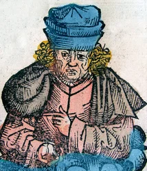 Herodot (Herodotos, 484-425 f.Kr.), græsk historiker - HERODOTUS 490-425 f.Kr., græsk historiker - træsnit fra Nürnbergkrøniken