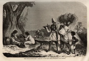 Hindutyper af forskellige kaster, en familie af vaysias (handlere), ved foden af træet, to kvinder fra sudras-kasten