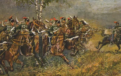 Historisk postkort med krigsmotiv, angreb på preussiske tropper, Tyskland