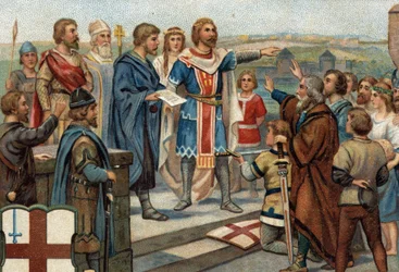 Historiske episoder af berømte byer: Alfred den Store (849-899) returnerer London til sine tidligere indbyggere (886), "Freden for Alfred og Guthrum" markerede angelsaksernes sejr mod danskerne (= viking). Kromolitografi af det 19. århundrede.