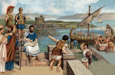 Historiske episoder af berømte byer: Megareanerne (befolkningen i Megar, den græske by Attika) grundlagde Byzantium (667 f.Kr.) på den vestlige bred af det kimmeriske Bosporus, hvor den thrakiske fæstning Byzas lå. Kromolitografi af det 19. århundrede.