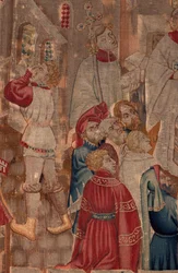 Historien om Saint Piat og Saint Eleuthère, Scene 6 Detalje midt. Dåbsscene, folk hjælper.