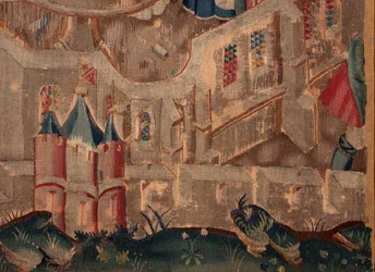 Historien om Saint Piat og Saint Eleuthère, Scene 6 Detalje til højre nederst. Byens fæstningsmure.