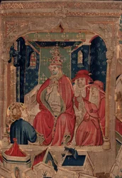Historien om Saint Piat og Saint Eleuthère, scene 9 Saint-Éleuthère er bekræftet som biskop af Tournai Detalje midt. Scenen med paven.