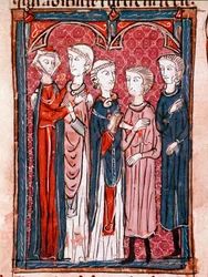 Kanonisk lovs historie: "" forlovelsesscene""" Miniature taget fra "" Decret de Gratien"" ("Concordia discordantium canonum" eller "Decretum Gratiani") fra 1140 og regulerer den romersk-katolske kirkes love og kanoner. 13. århundrede Laon, Mun