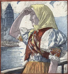 Indvandringens historie i Amerika: en ung immigrantkvinde ankommer til Ellis Island og ser New York i det fjerne Illustration fra "Le Pelerin" 15. april 1934 Privat samling