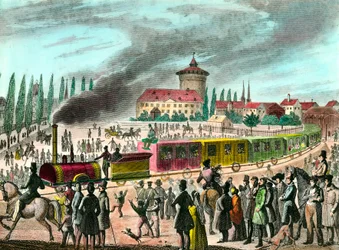 Historie om offentlig transport: jernbane mellem Paris og Versailles. Indgravering af det 19. århundrede. Privat samling
