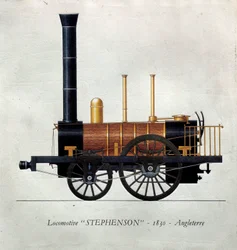 Transporthistorie: tavle, der repræsenterer et lokomotiv "" Stephenson"" fremstillet i England