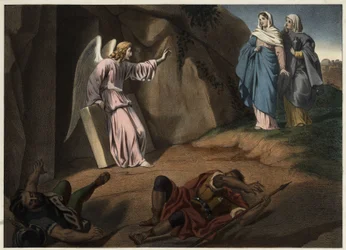 Hellige kvinder besøger Kristus ved graven. Anonym gravering af det 19. århundrede.