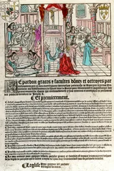 Hospital i 1500-tallet: Afladsbrev (Til højre: en hospitalsscene. Agauche: døende og død). Indgravering af det 16. århundrede. Privat samling.