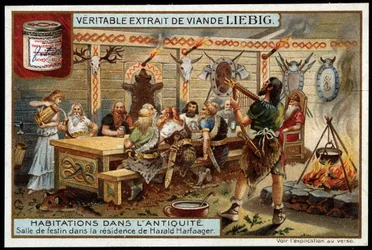 Huse i antikken: festlokale i Harald I Harfagers residens (850-933) dit Belle Chevelure, konge af Norge - Liebig-kromolitografi