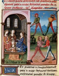 Hvordan forældre bør tænke om deres børn; Octavians børn lærer ridderlighed og uldarbejdet"" Miniature taget fra ""Le livre de bonnes moreurs de Jacques Legrand"""