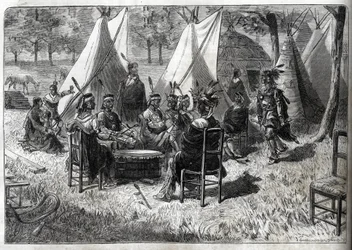 Menneskezoologiske haver - Menneskezoologisk have - Etnologiske udstillinger - Mohas-indianere i akklimatiseringshaven, Den illustrerede dagbog fra 1883 - Femten amerikanske indianere fra Nebraska