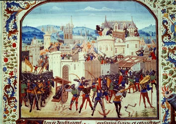 Hundredårskrig: tasken til byen Aubenton i Picardie af grev Jean de Hainaut i 1340. Miniature fra "Krønikker" af Jean Froissart (1337-1400) Paris. B.N.