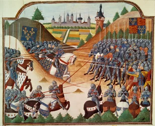 Hundredårskrig: slaget ved Formigny (Calvados) den 15/04/1450 mellem den engelske hær af Thomas Kyriell og Jean de Clermont. Miniature belyst fra manuskriptet "" Vigiles du roi Charles VII"" i Jean Chartiers krøniker, redigeret af Mar
