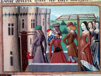 Hundredårskrigen: delfinen og den fremtidige konge Charles VII vender tilbage til Paris efter at være flygtet til Bourges på tidspunktet for borgerkrigen mellem Armagnacs og burgundere den 29/05/1418, juni 1418. Miniature fra "" Vigilles du roi Charles VII