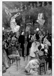 Den ungarske komponist og pianist Franz Liszt (1811-1886) i Paris under en fest til hans ære i billedhuggeren Cyprian Godebskis værksted (1835 - 1909). Gravering i "" Le Monde illustrious""