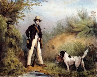 Jæger med sin hund. 1800-tals tryk. Gien, jagtmuseum