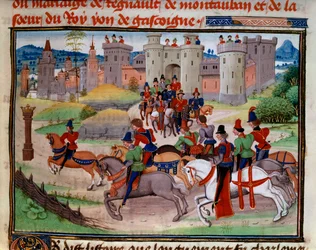 Jagtscene. Miniature fra manuskriptet "Renaud de Montauban" eller "Les quatre fils Aymon" af Loyset Liedet (aktivt mellem 1448 og 1478). Fru 5073. Bibliotheque de l