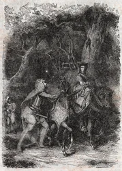 Hypalca Arreteret af Rodomont - 1851 gravering fra "" Furious Roland"" (Orlando furioso) (1500-tallet) af Ludovico Ariosto, kendt som Ariosto - Udgave oversat fra italiensk af greven af Tressan og udgivet af Gustave Harvard 1851