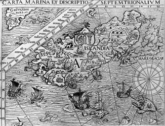 Island, omkring 1539, detalje fra Carta marina af den svenske ærkebiskop, Olaus Magnus (1490-1557)