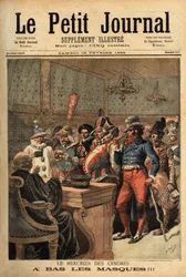 Illustration til askeonsdag, efter karnevalet i fastelavn, passerer festkostumerne foran dommeren for at afsløre sig selv. Indgravering i "" Le petit journal"" 18/02/1893. Selvas samling.