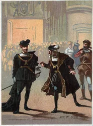 Illustration af "" Ernani" af den italienske komponist Giuseppe Verdi (1813 - 1901), akt 1, scene II opera skabt i 1844 efter tragedien "" Hernani"" af Victor Hugo. Kromolitografi i slutningen af det 19. århundrede.