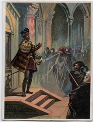 Illustration af "" Ernani" af den italienske komponist Giuseppe Verdi (1813 - 1901), 4. akt, scene I opera skabt i 1844 efter tragedien "" Hernani"" af Victor Hugo. Kromolitografi i slutningen af det 19. århundrede.