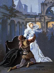 Illustration af "Ernani" af den italienske komponist Giuseppe Verdi (1813 - 1901), akt II, scene 4, opera skabt i 1844 efter Victor Hugos tragedie "Hernani". kromolitografi fra slutningen af det 19. århundrede..