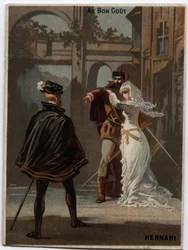 Illustration af "Ernani" af den italienske komponist Giuseppe Verdi (1813 - 1901), opera skabt i 1844 efter Victor Hugos "Hernani"-tragedie. Kromolitografi i slutningen af det 19. århundrede.