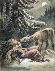 Illustration af Franz Hoffmanns fortællinger "" Fortællinger og fabler - Von Weifsh¿ndchen und breitf¿fschen"": en pige besvimede i sneen og en hjort. Kromolitografi af det 19. århundrede.