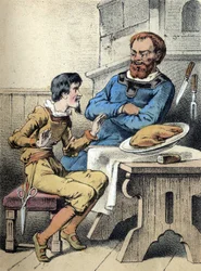 Illustration af Franz Hoffmanns fortællinger "Fortællinger og fabler - Den glade lille skrædder". Kromolitografi af det 19. århundrede.