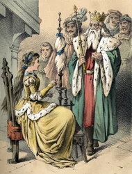Illustration af Franz Hoffmanns fortællinger “” Tales et Fables - Weifsh¿ndchen und Breitf¿fschen””. Kromolitografi af det 19. århundrede.