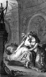 Illustration af "De farlige forbindelser" af Choderlos de Laclos (1741 - 1803): scene for frigørelse mellem to kvinder.