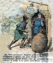 Illustration af slutningen af 1800-tallet til fortællingen af HC Andersen (1805-1875) "Store Claus og Lille Claus" (Klaus). Privat samling.