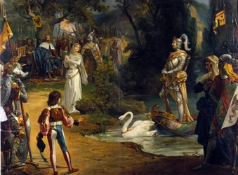 Illustration af operaen "" Lohengrin"" af den tyske komponist Richard Wagner (1813-1883). Kromolitografi