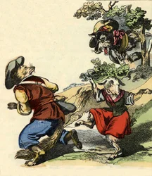 Illustration af fortællingen "Bon medor og Lille Chevrette". I “”Fortællinger fra hjemmet for de mindste””. Anonym gravering af det 19. århundrede.