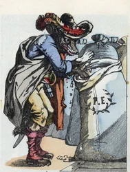 Illustration af fortællingen "Compere le Loup, Maitre Renard, Comere la Chevre et ses petits biquets"" efter en fabel af Jean de la Fontaine. I “”Fortællinger fra hjemmet for de mindste””. Anonym gravering af det 19. århundrede.