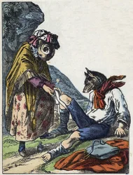 Illustration af fortællingen "Gode mor får"". I “”Fortællinger fra hjemmet for de mindste””. Anonym gravering af det 19. århundrede.
