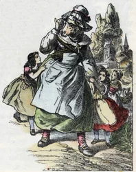 Illustration af fortællingen "Gode mor får"". I “”Fortællinger fra hjemmet for de mindste””. Anonym gravering af det 19. århundrede.
