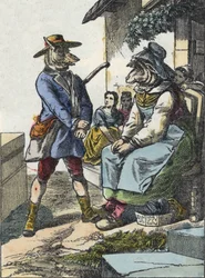 Illustration af fortællingen "Gode mor får"". I “”Fortællinger fra hjemmet for de mindste””. Anonym gravering af det 19. århundrede.