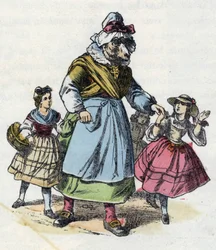 Illustration af fortællingen "Gode mor får"". I “”Fortællinger fra hjemmet for de mindste””. Anonym gravering af det 19. århundrede.