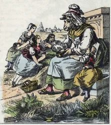 Illustration af fortællingen "Gode mor får"". I “”Fortællinger fra hjemmet for de mindste””. Anonym gravering af det 19. århundrede.