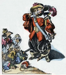 Illustration af fortællingen "Den frygtelige Raminagrobis og musene""" tegner fabler af Jean de la Fontaine. I “”Fortællinger fra hjemmet for de mindste””. Anonym gravering af det 19. århundrede.