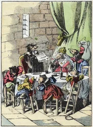 Illustration af fortællingen "Den frygtelige Raminagrobis og musene""" tegner fabler af Jean de la Fontaine. I “”Fortællinger fra hjemmet for de mindste””. Anonym gravering af det 19. århundrede.