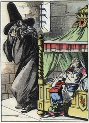 Illustration af fortællingen "Den frygtelige Raminagrobis og musene""" tegner fabler af Jean de la Fontaine. I “”Fortællinger fra hjemmet for de mindste””. Anonym gravering af det 19. århundrede.