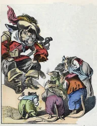 Illustration af fortællingen "Den frygtelige Raminagrobis og musene""" tegner fabler af Jean de la Fontaine. I “”Fortællinger fra hjemmet for de mindste””. Anonym gravering af det 19. århundrede.
