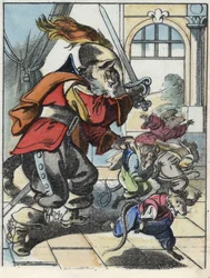 Illustration af fortællingen "Den frygtelige Raminagrobis og musene""" tegner fabler af Jean de la Fontaine. I “”Fortællinger fra hjemmet for de mindste””. Anonym gravering af det 19. århundrede.